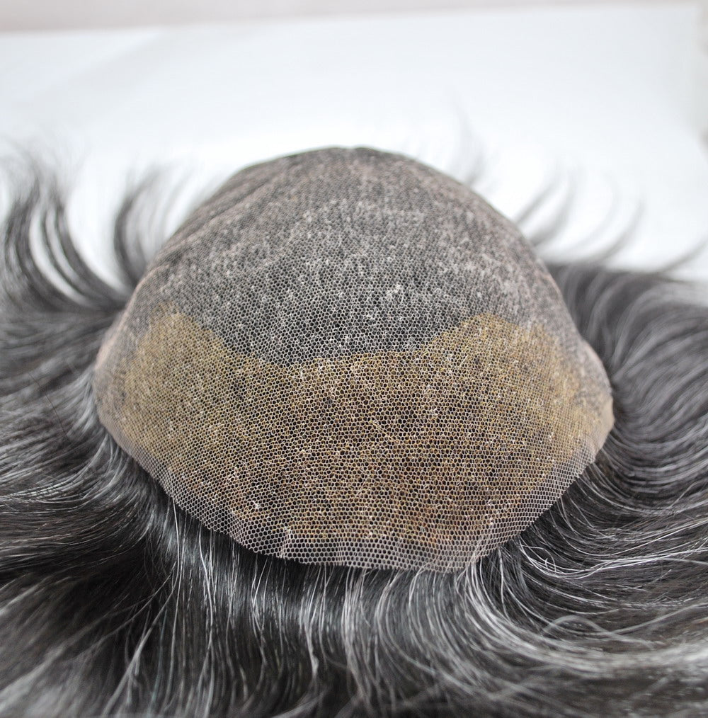 Full Lace Natural Black Mixed Grey Hair System 1B40 PU With Lace Toupee For Men