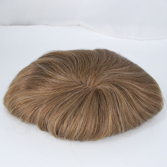 Clearance 9x7" toupee for men #6 light brown mixed 10% grey hair french lace hair system