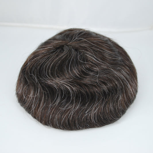 Clearance toupee #2 dark brown mixed 15% grey hair system for men thin PU knotted