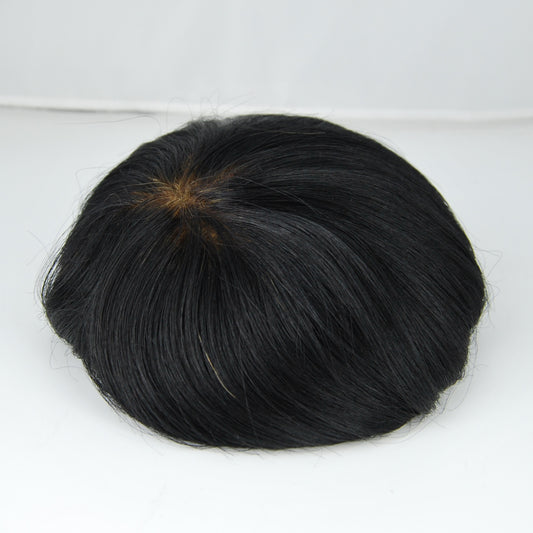 Clearance #1 jet black toupee 9x6.5" French with PU around narrow lace front 9x7" human hair system for men