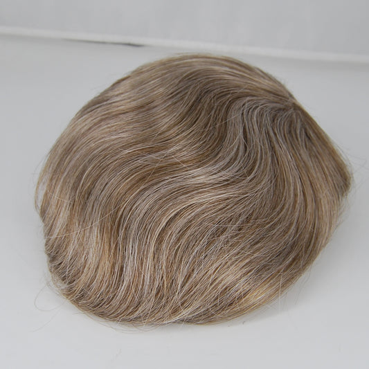 Clearance hair replacement toupee wig #7 light brown with 50% grey hair mixed silk base with PU back and sides