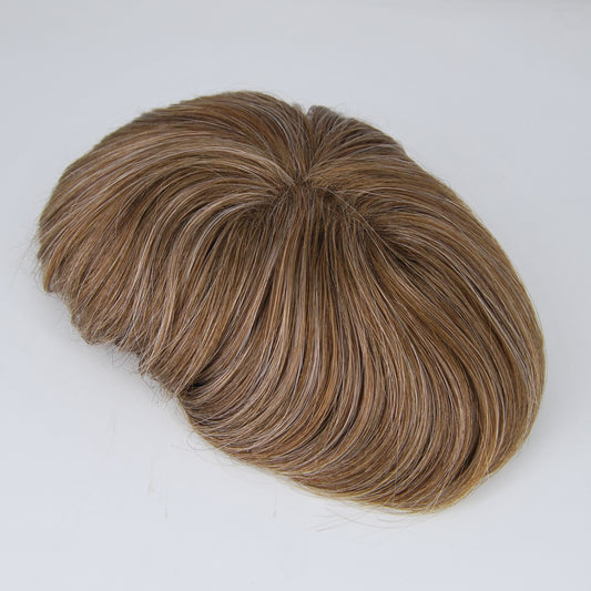 Clearance toupee #7 light brown mixed 20% grey hair system French lace with PU back and sides