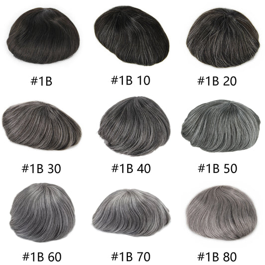 stock men toupee wig natural black color mixed grey color #1B 10-80%human hair system for men