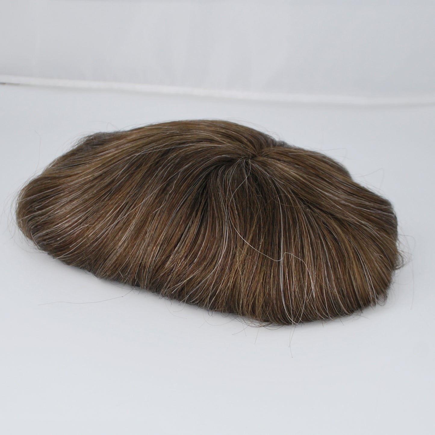 Clearance medium brown mixed 15% grey hair system for men french lace with PU around toupee wig