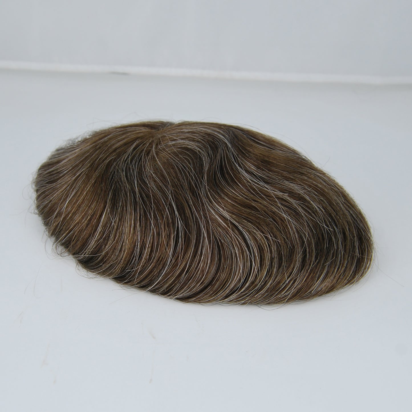 Clearance toupee #4 brown mixed 25% synthetic grey french lace with PU back and sides men hair piece