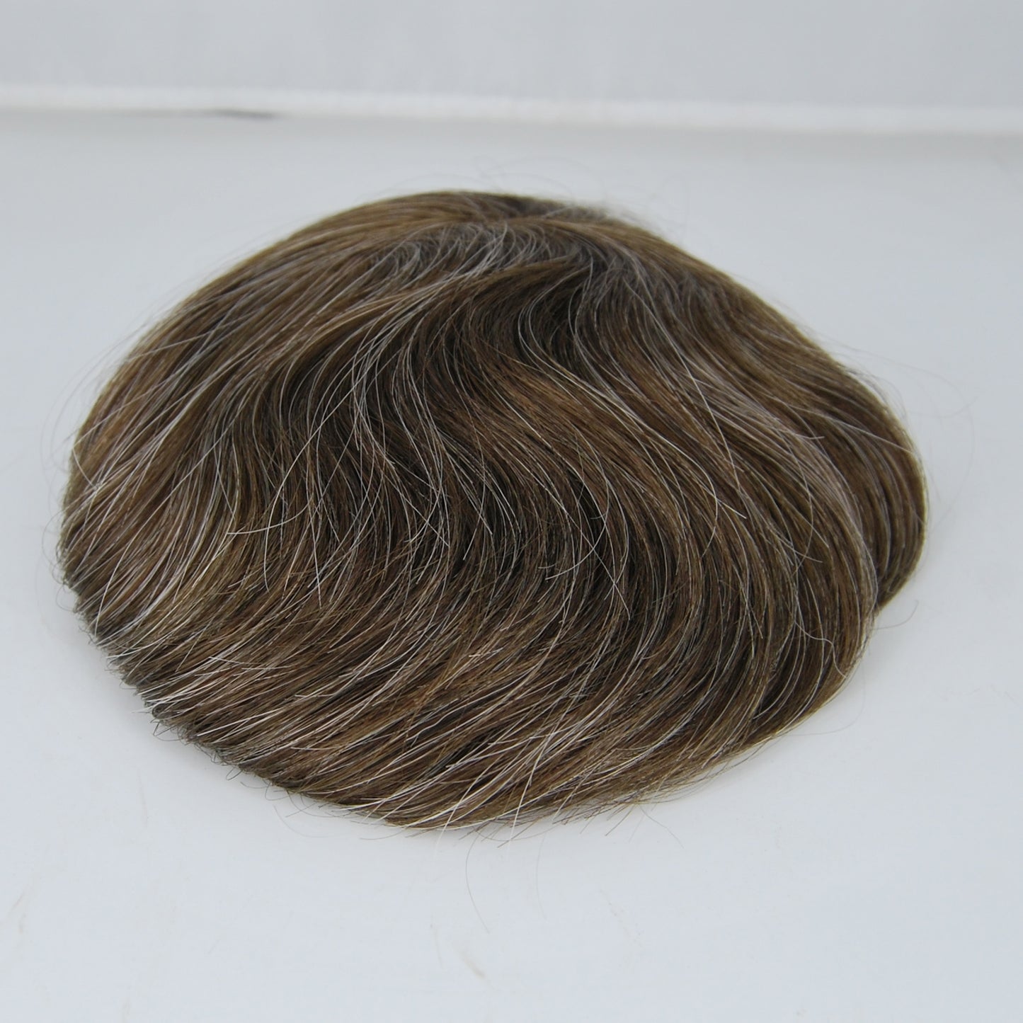 Clearance toupee #4 brown mixed 25% synthetic grey french lace with PU back and sides men hair piece