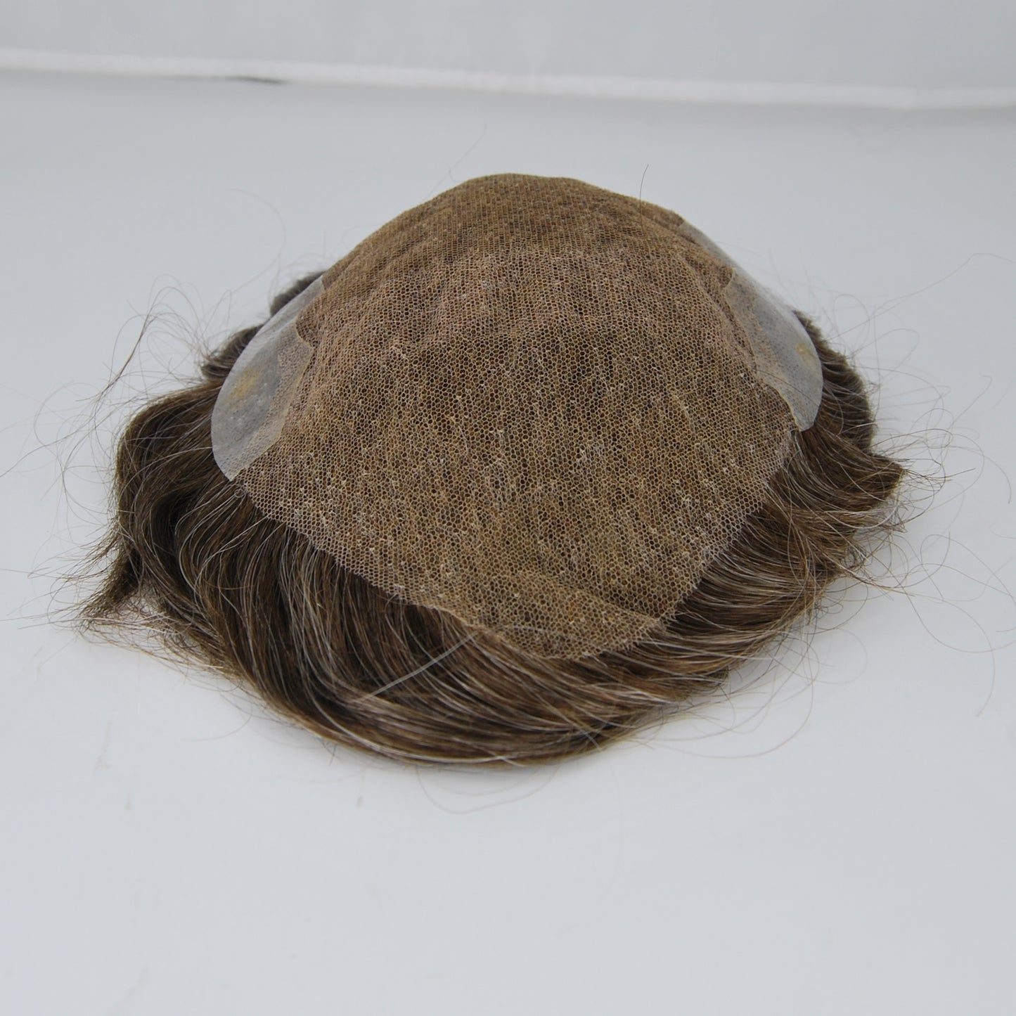 Clearance toupee #4 brown mixed 25% synthetic grey french lace with PU back and sides men hair piece