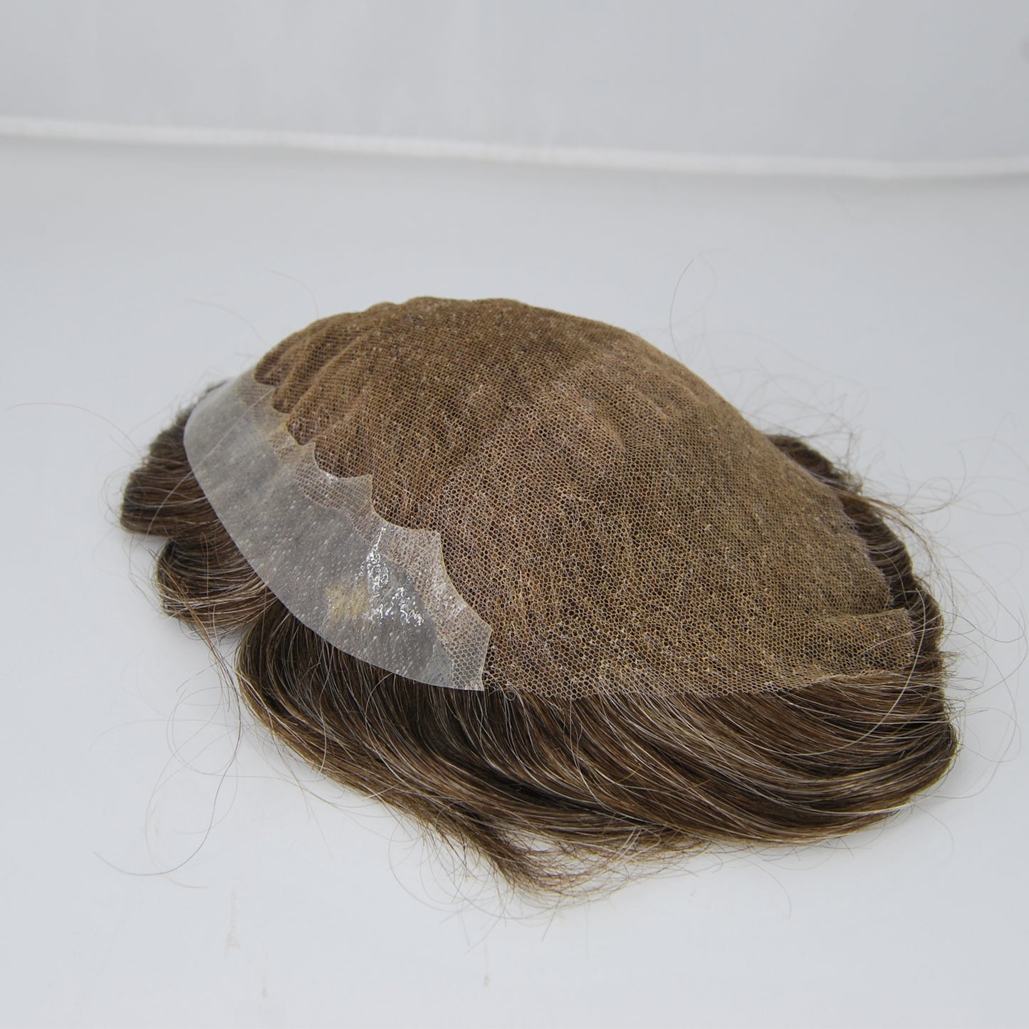 Clearance toupee #4 brown mixed 25% synthetic grey french lace with PU back and sides men hair piece