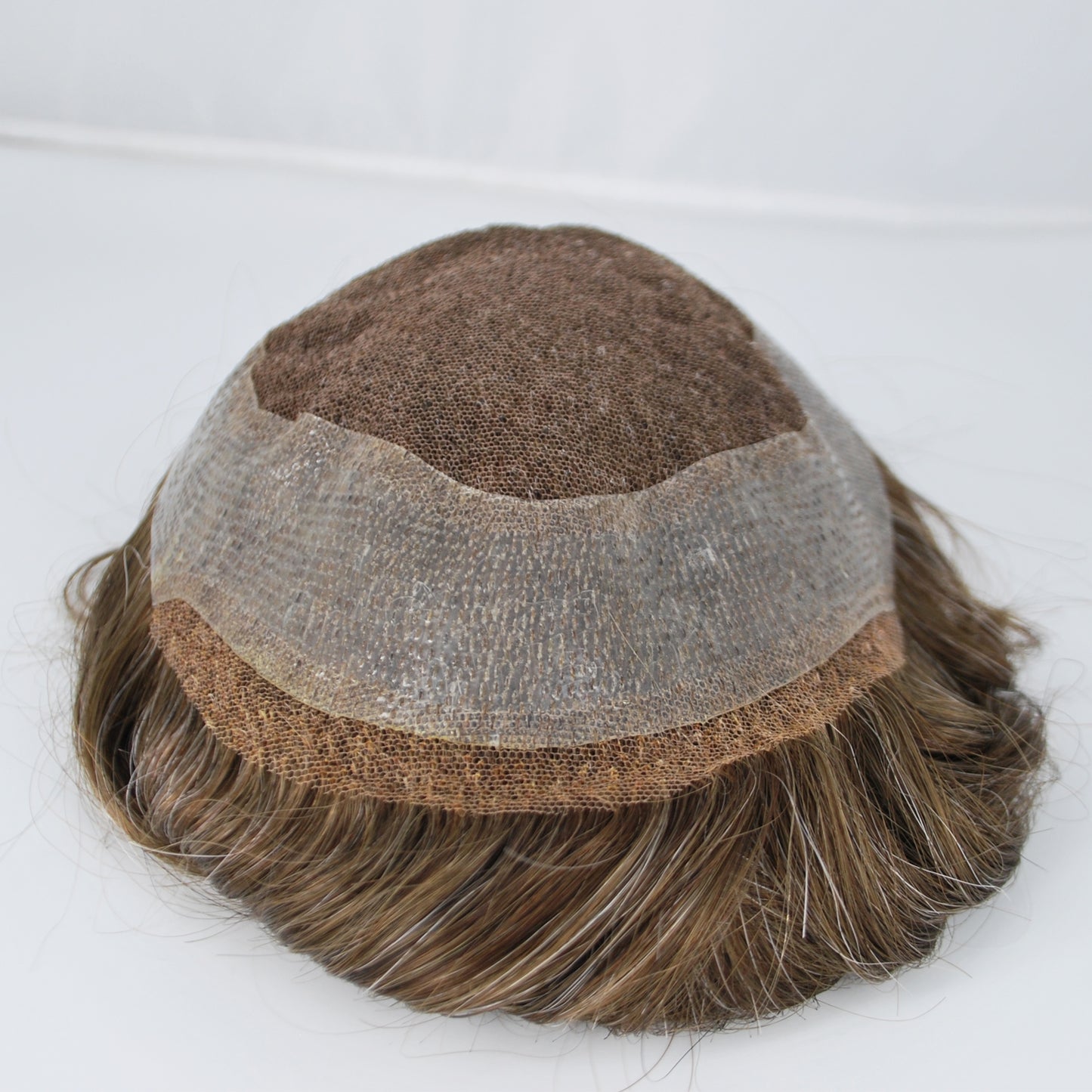 Clearance medium brown mixed 15% grey hair system for men french lace with PU around toupee wig
