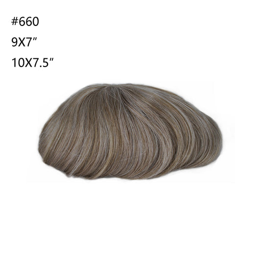 All swiss lace grey hair unit 660 brown mixed gray PU injection toupee human hair system for men wig hair replacement