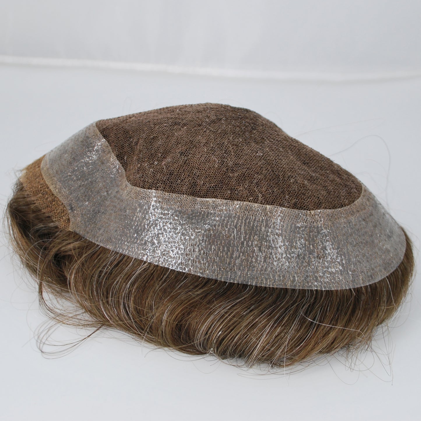 Clearance toupee for men #4 brown color mixed 10% grey hair French lace with PU around