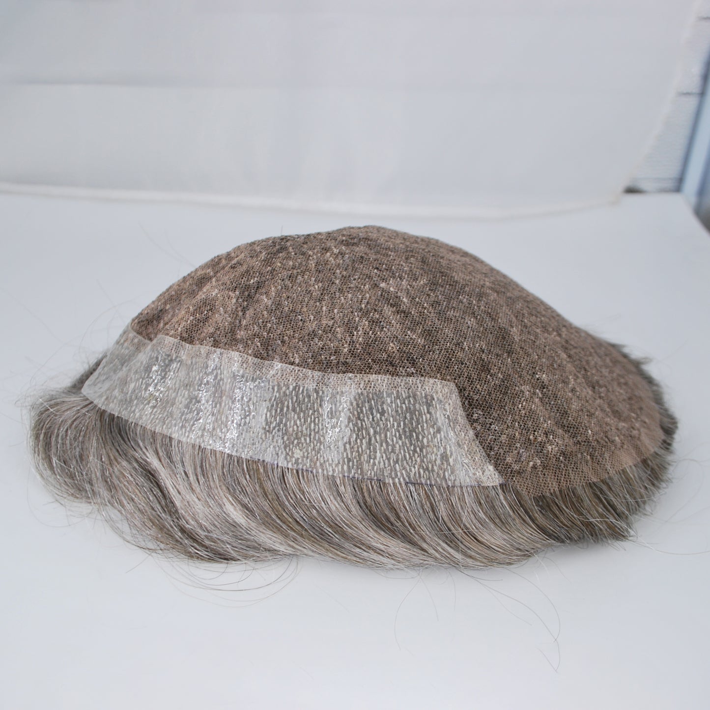 Clearance #3 brown grey mixed 50% toupee for men French lace with PU back and sides human hair men wig