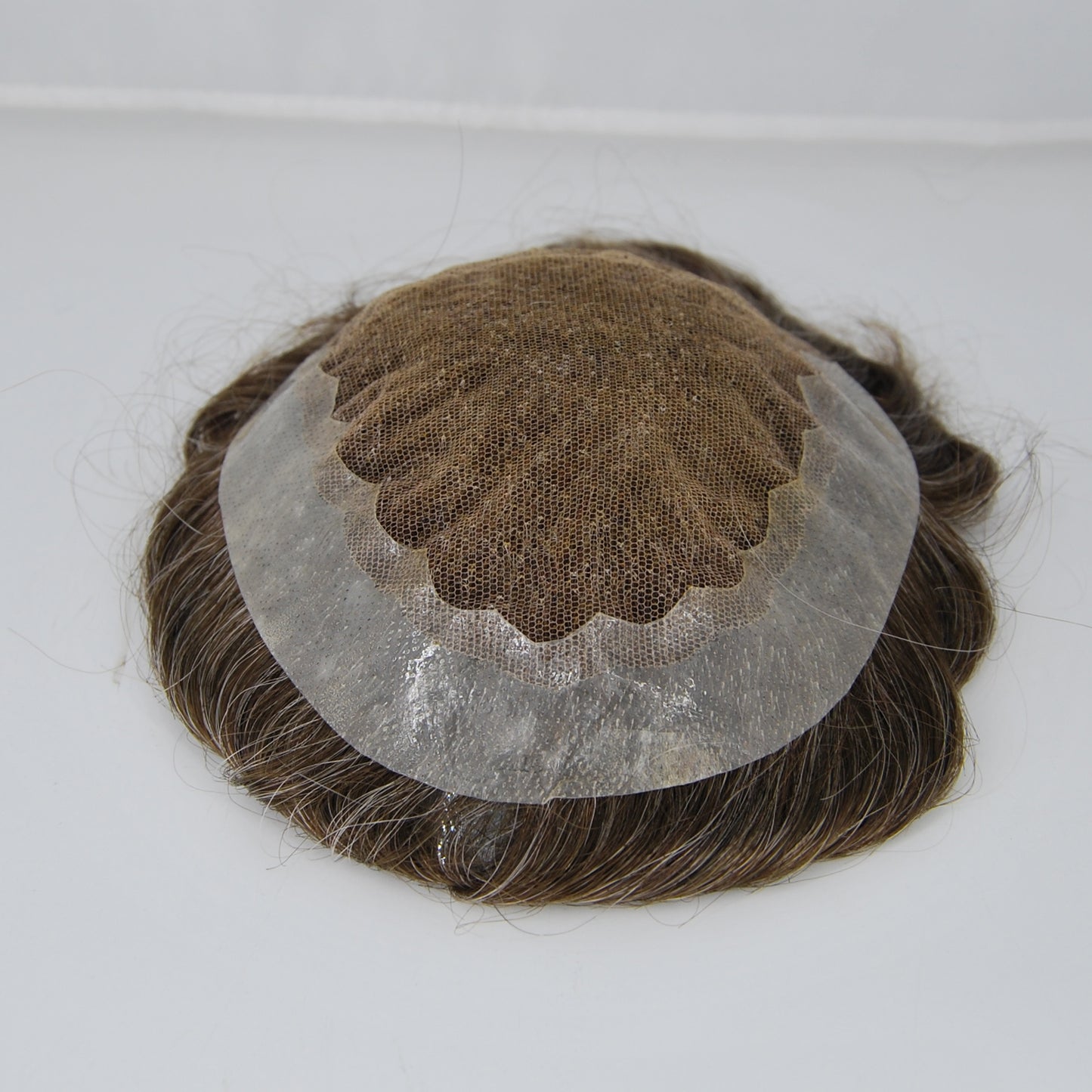 Clearance toupee #4 brown mixed 25% synthetic grey french lace with PU back and sides men hair piece