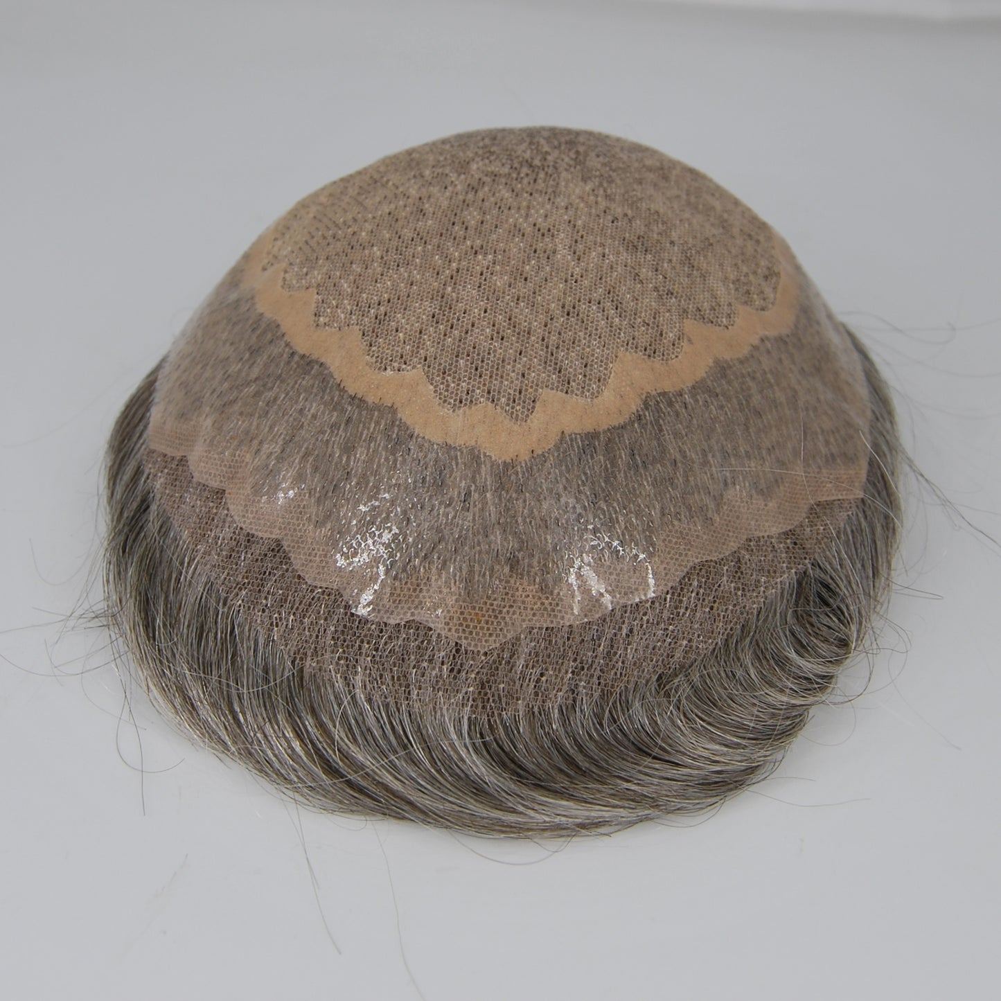 Clearance toupee #3 ash brown mixed 65% grey hair silk base with PU around human hair replacement