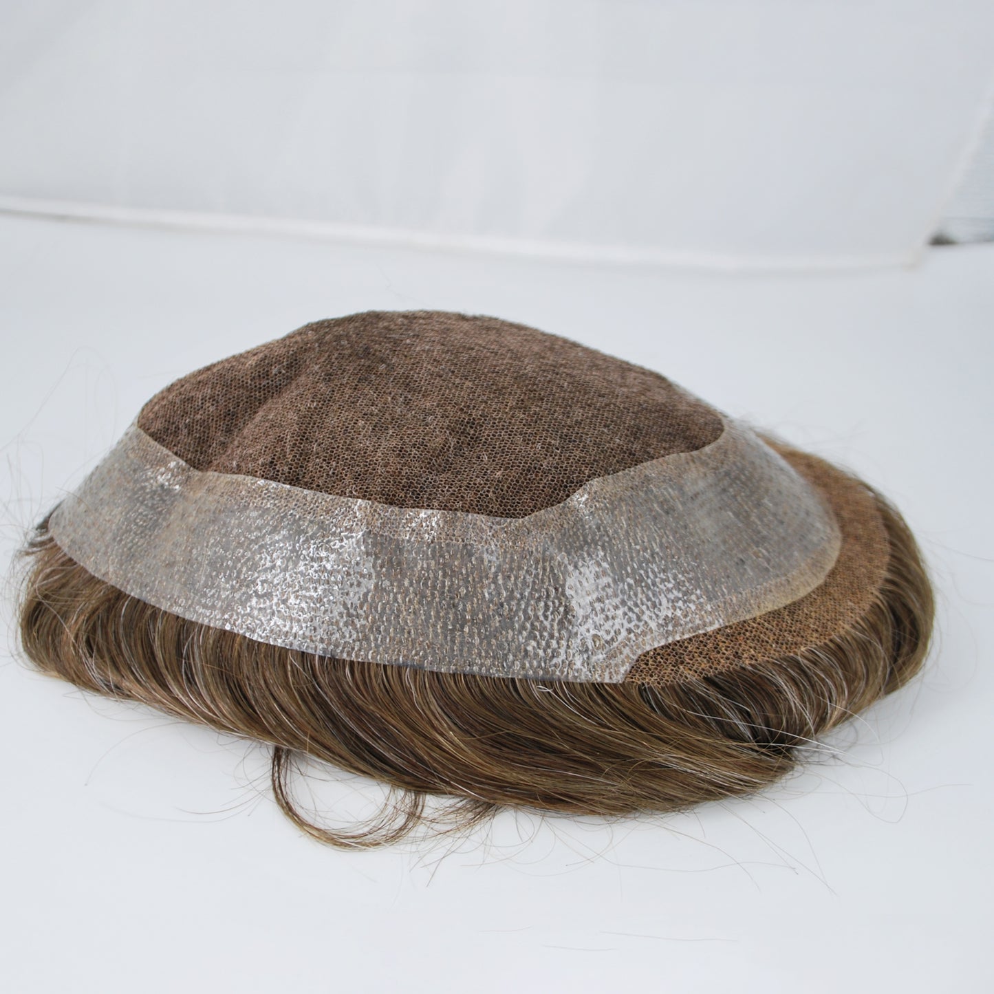 Clearance medium brown mixed 15% grey hair system for men french lace with PU around toupee wig