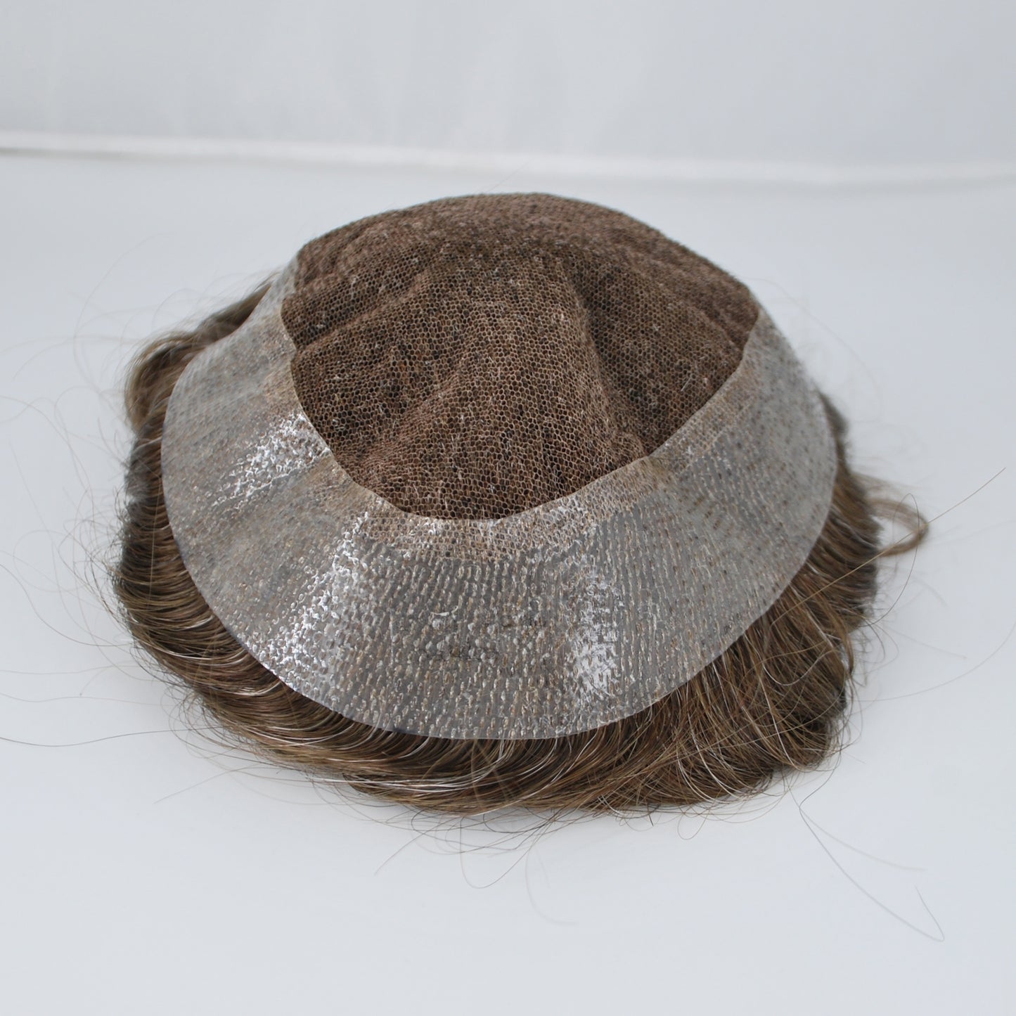 Clearance medium brown mixed 15% grey hair system for men french lace with PU around toupee wig