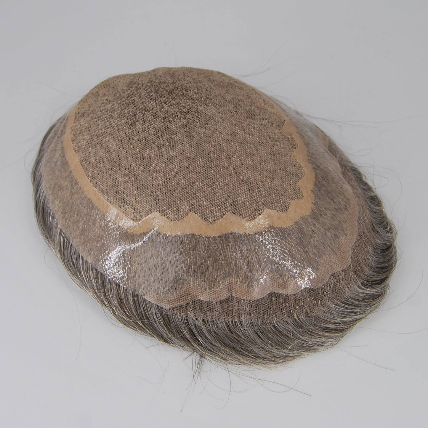 Clearance toupee #3 ash brown mixed 65% grey hair silk base with PU around human hair replacement