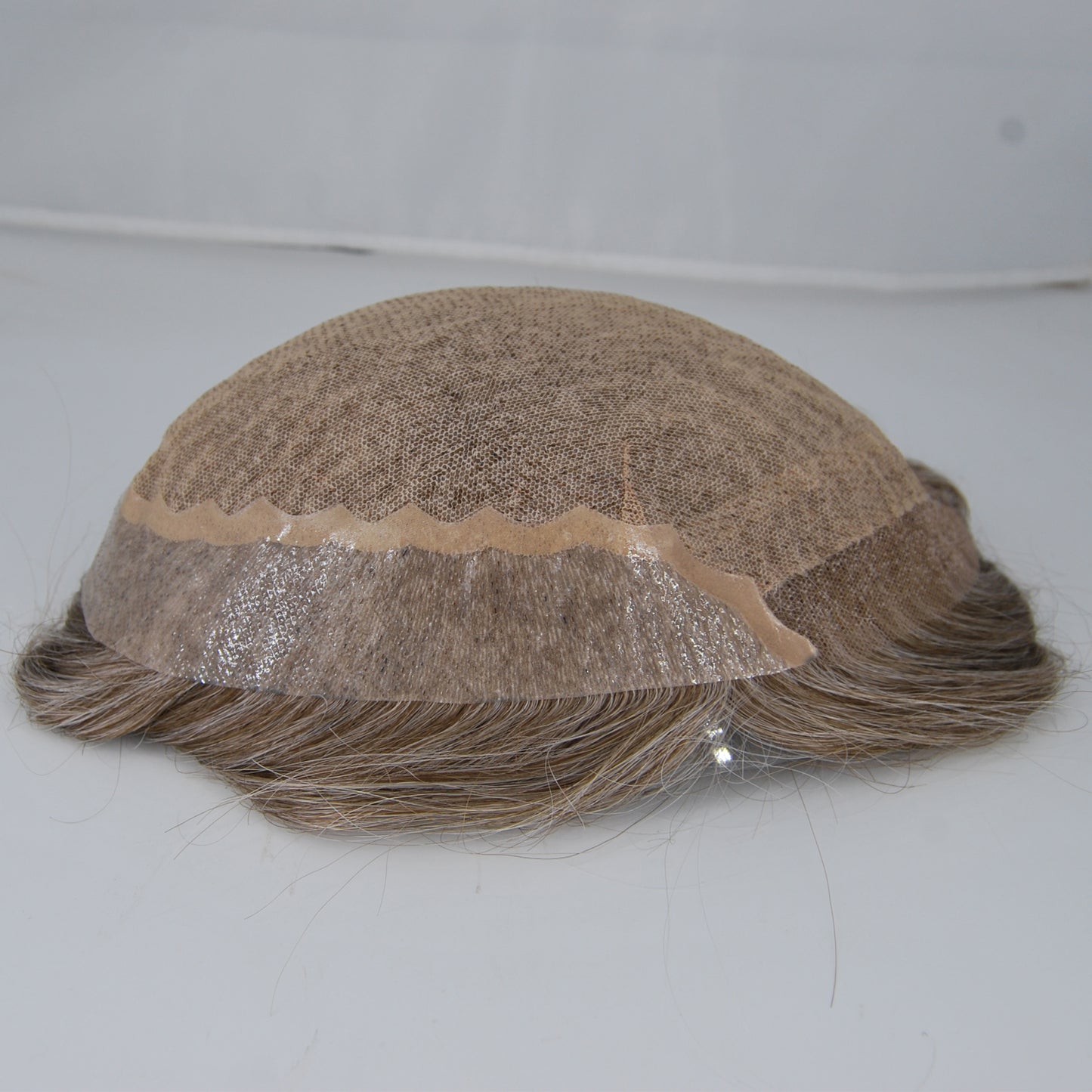 Clearance hair replacement toupee wig #7 light brown with 50% grey hair mixed silk base with PU back and sides