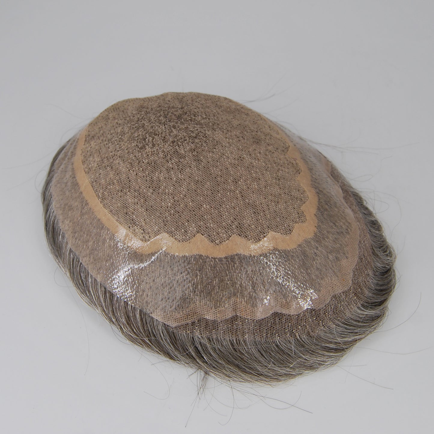 Clearance toupee #3 ash brown mixed 65% grey hair silk base with PU around human hair replacement