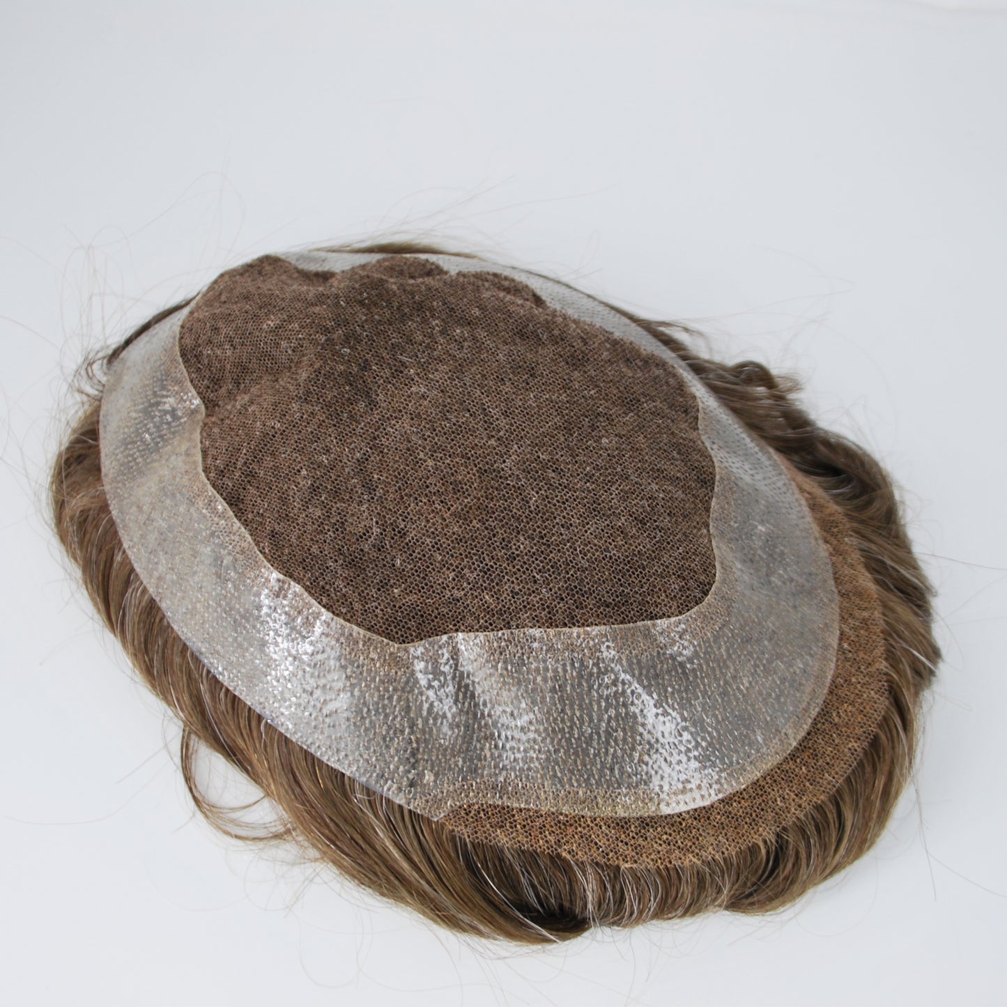 Clearance medium brown mixed 15% grey hair system for men french lace with PU around toupee wig