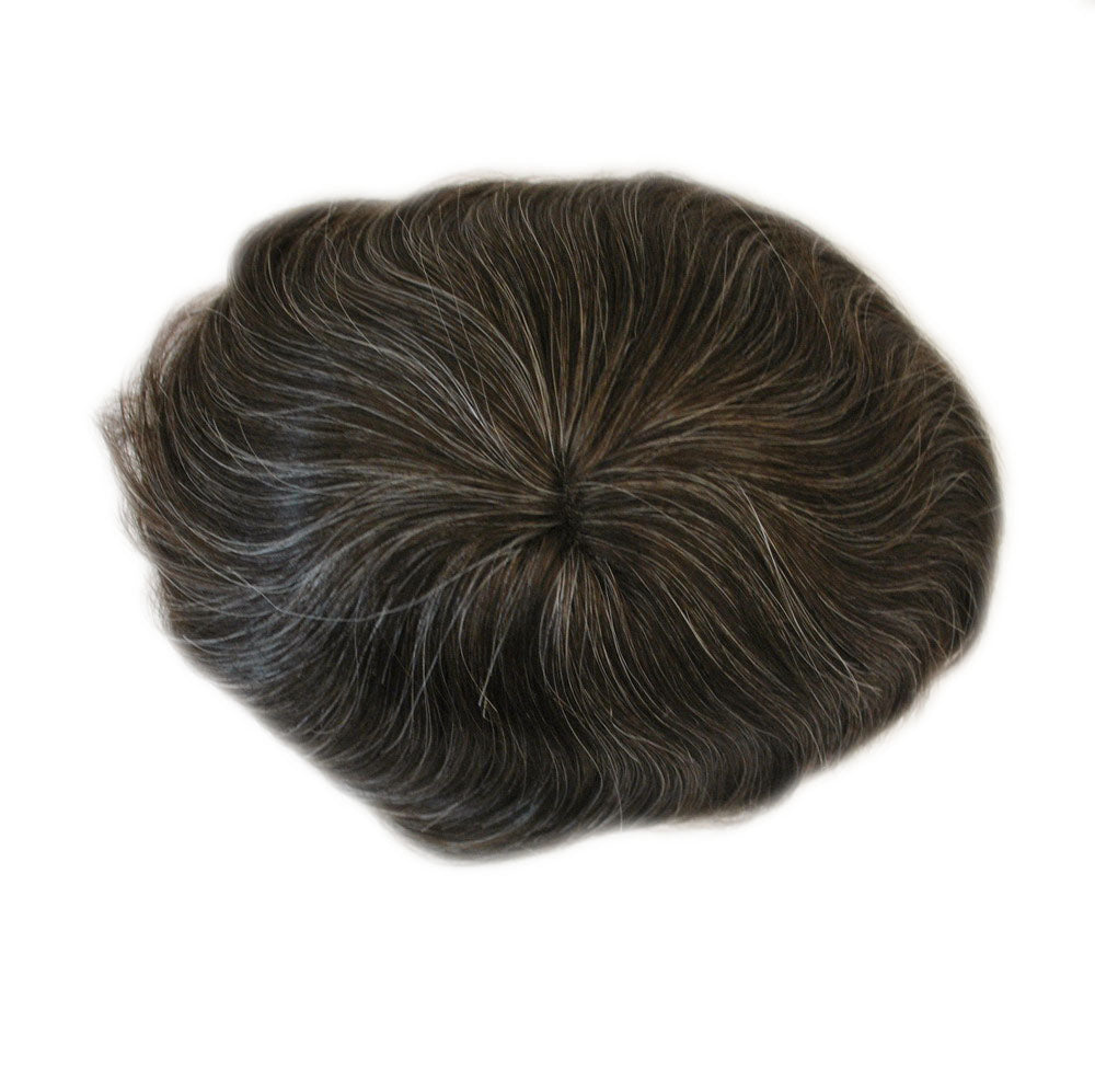 human hair piece for men #220 dark brown mixed grey hair hair replacement toupee wig mens hair system