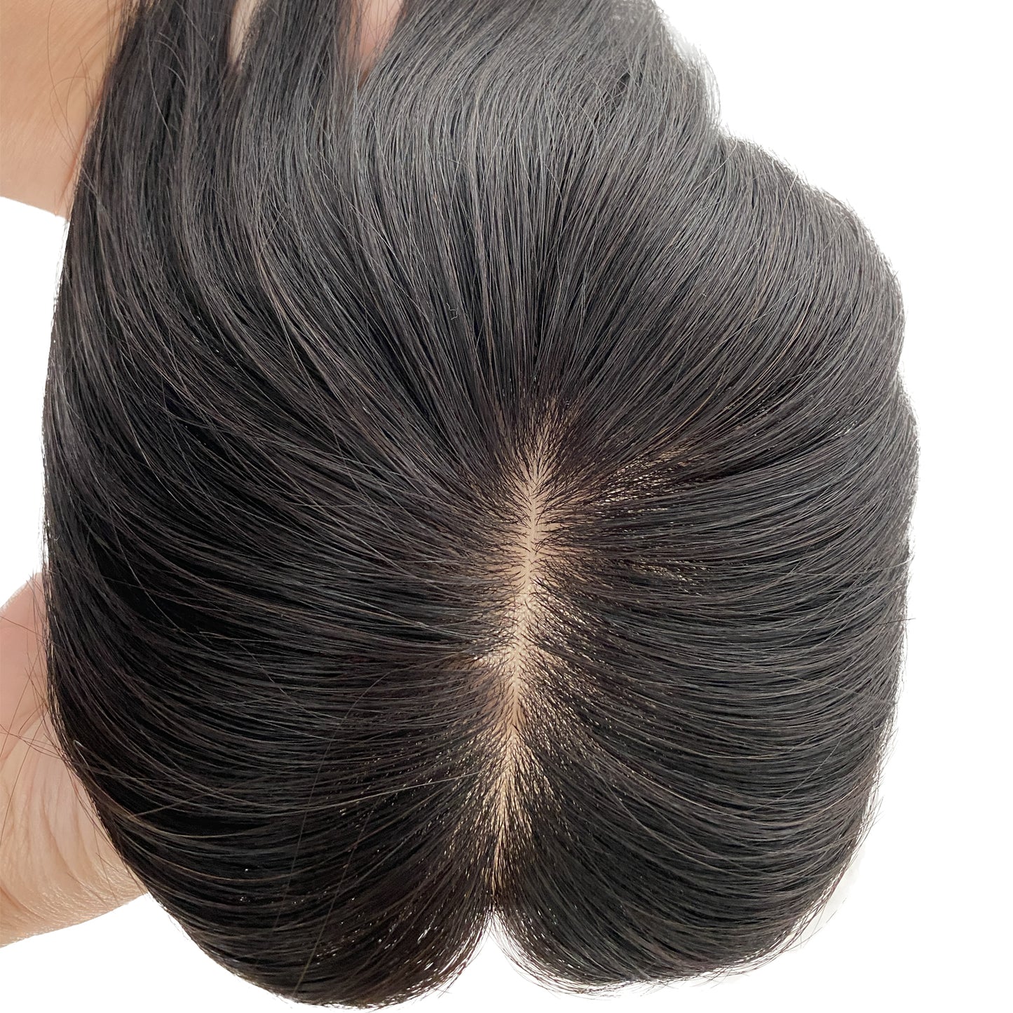 Stock slik base topper with PU around natual black straight topper wig for women