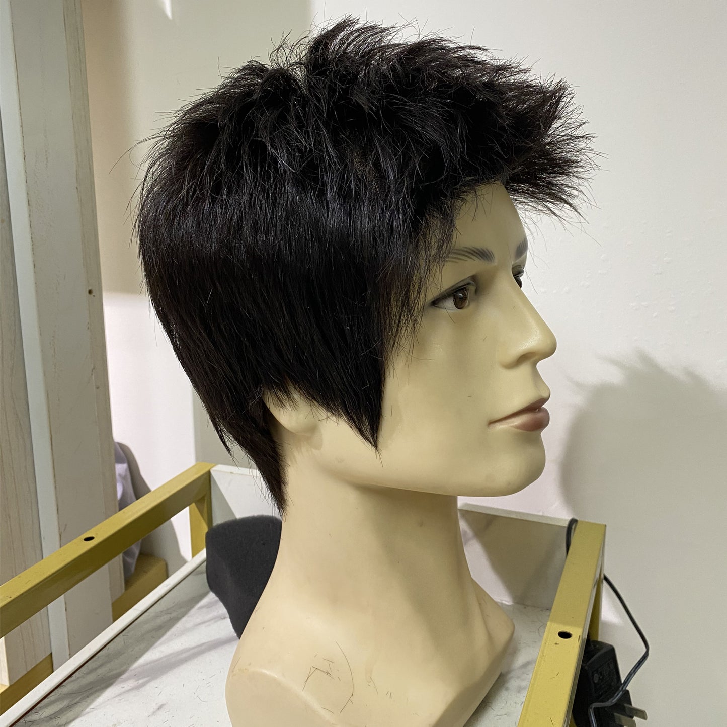 Pre cut human hair men wig with silk base crown natural black color wig for men