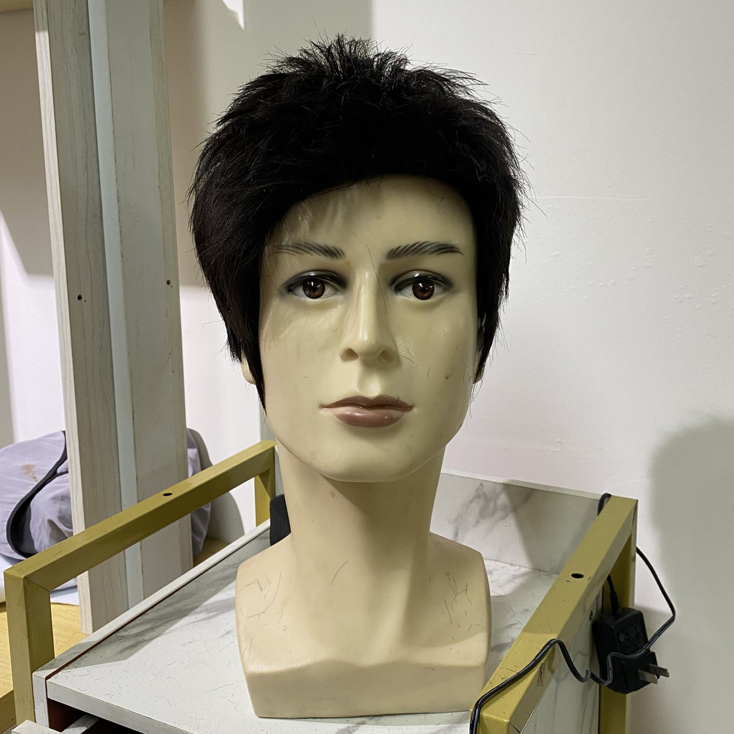 Pre cut human hair men wig with silk base crown natural black color wig for men