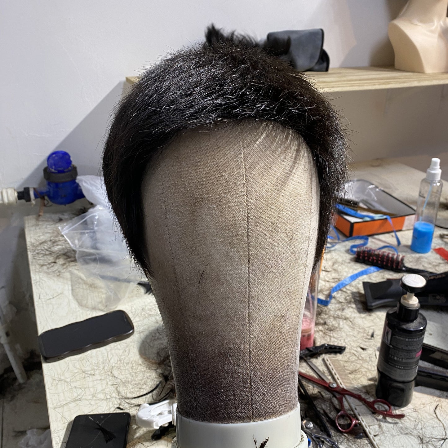 Pre cut human hair men wig with silk base crown natural black color wig for men