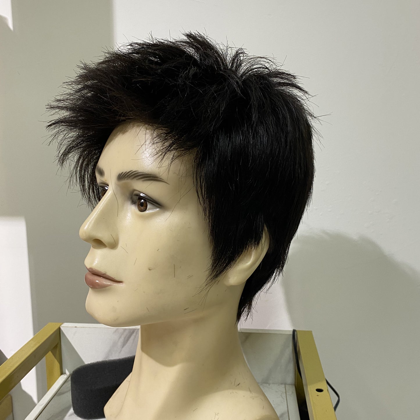 Pre cut human hair men wig with silk base crown natural black color wig for men