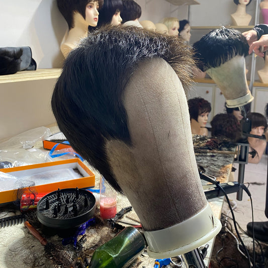 Pre cut human hair men wig with silk base crown natural black color wig for men