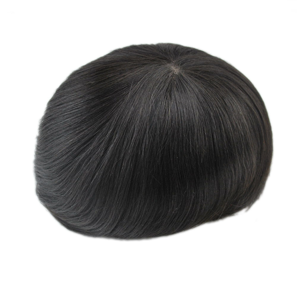 Stock human hair toupee natural black color all Swisslace knots bleached hair system for men