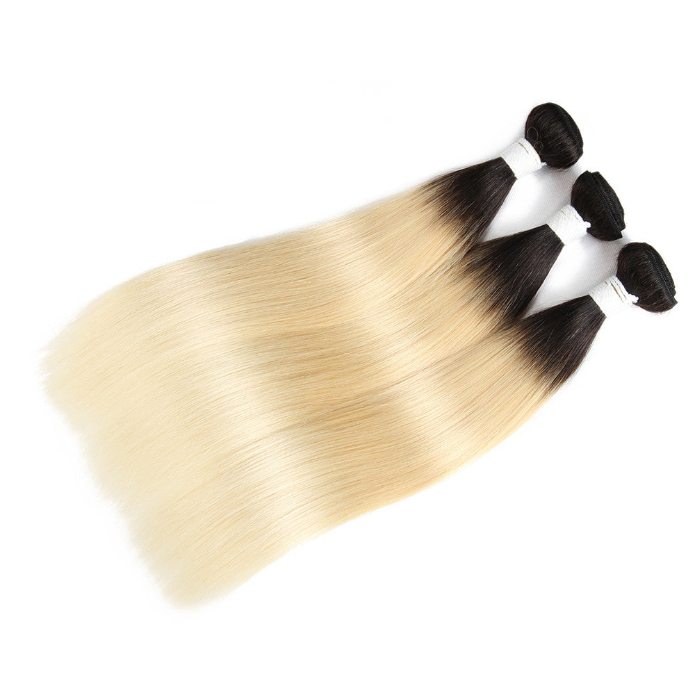 1B 613 Dark Root Blonde Ombre Brazilian Remy Straight Hair 2 Tone Dark Roots Platinum Remy Human Hair Weave