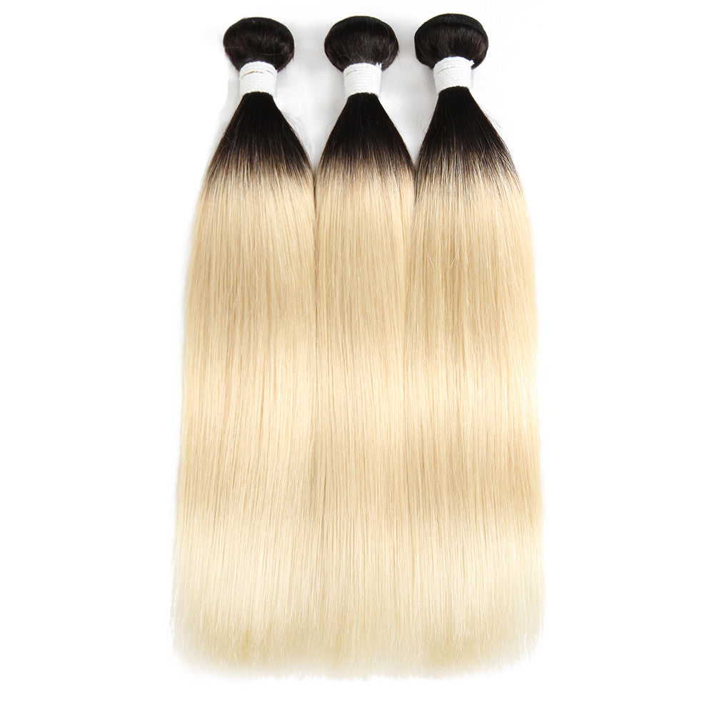 1B 613 Dark Root Blonde Ombre Brazilian Remy Straight Hair 2 Tone Dark Roots Platinum Remy Human Hair Weave