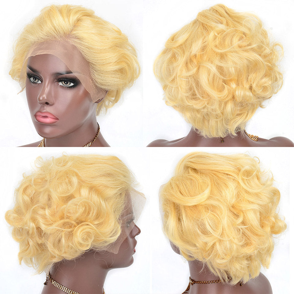 613 Blonde Short Pixie Cut Wig Human Hair Fumi Curly Human Hair 13x4 Part Lace Wigs For Women Ombre Color Loose Curly Wig