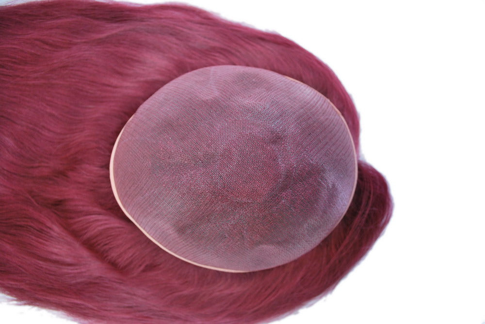 Red human hair topper for women welded mono with ribbon around wig for women