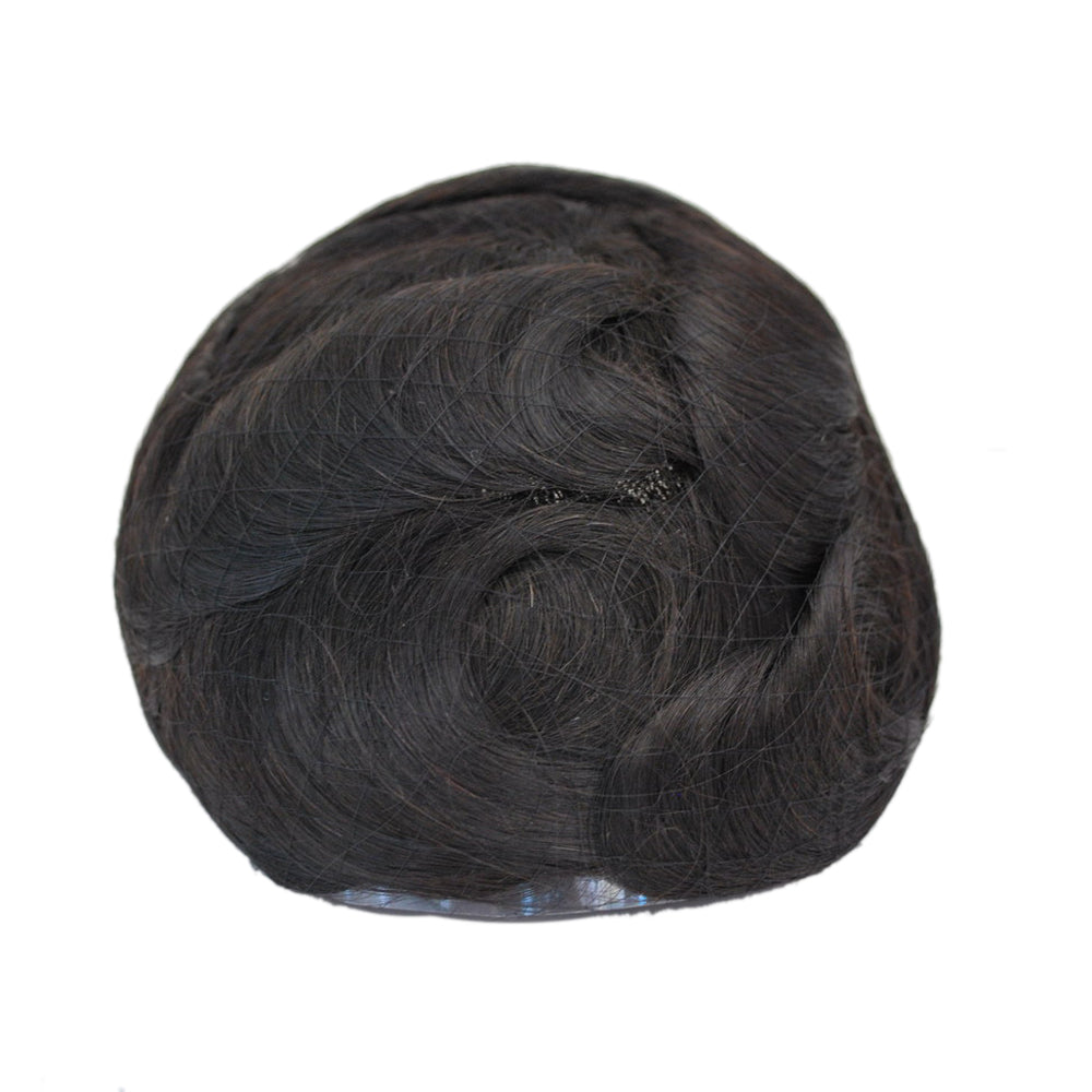 Stock human hair Q6 prosthesis french lace with PU hair patch natural black toupee for man human hair