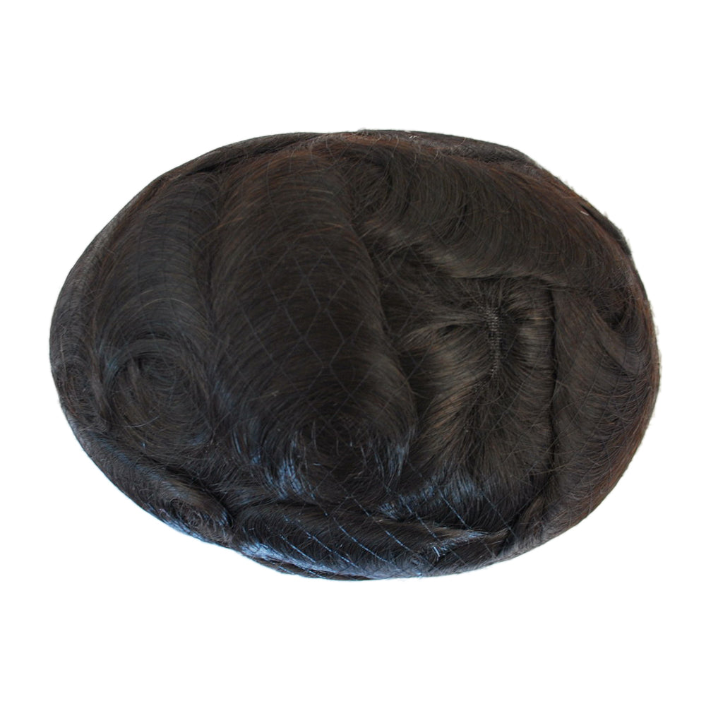Stock human hair Q6 prosthesis french lace with PU hair patch natural black toupee for man human hair