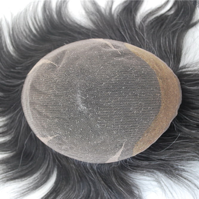 Full Swiss Lace hair system natural black color with 10% grey hair prosthesis for men