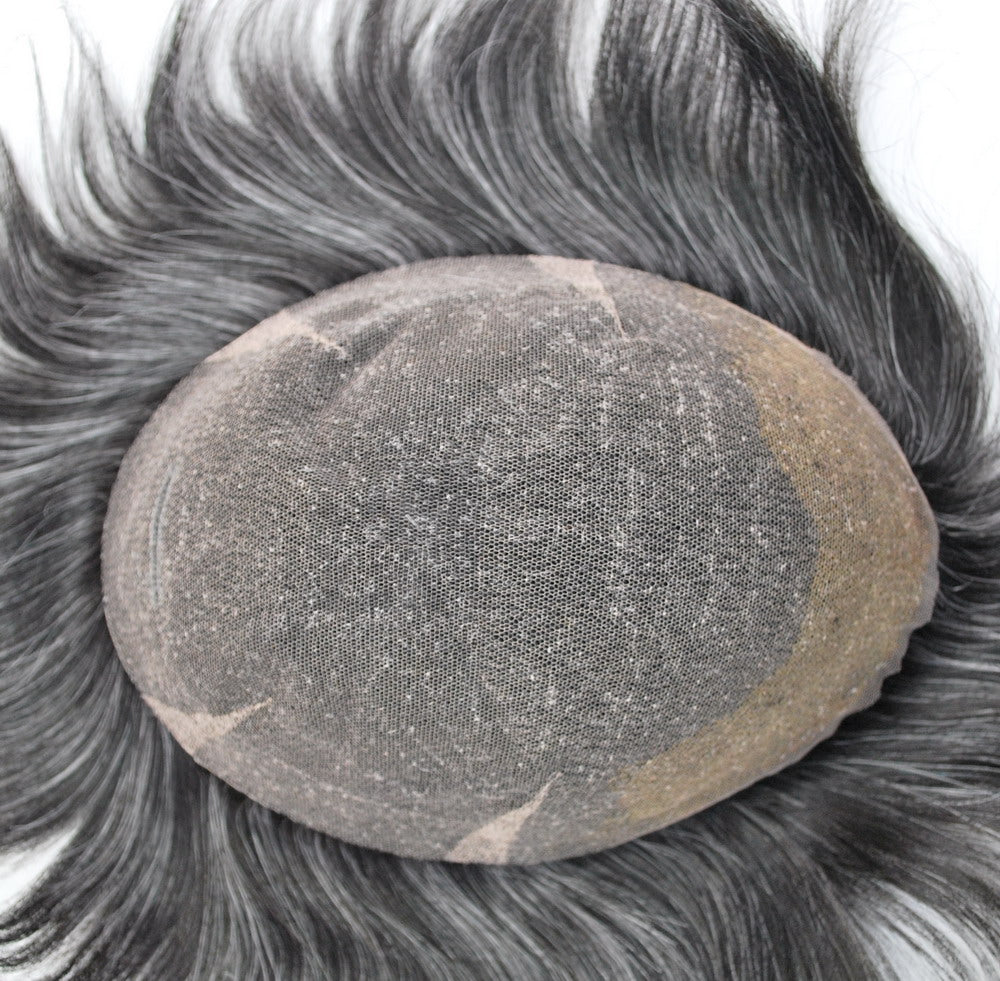 stock men toupee wig natural black color mixed grey color human hair system for men