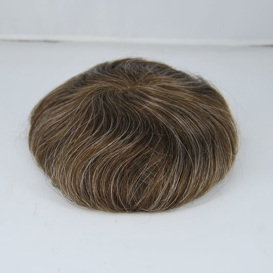 Clearance toupee #4 brown mixed 25% synthetic grey french lace with PU back and sides men hair piece