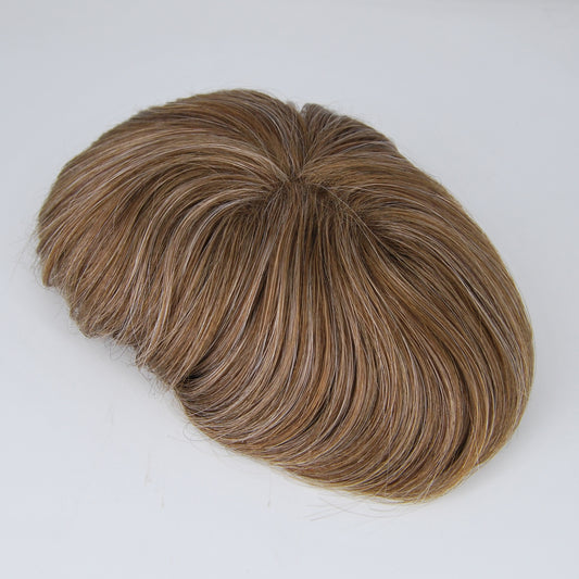 Clearance toupee #7 light brown mixed 20% grey hair system French lace with PU back and sides