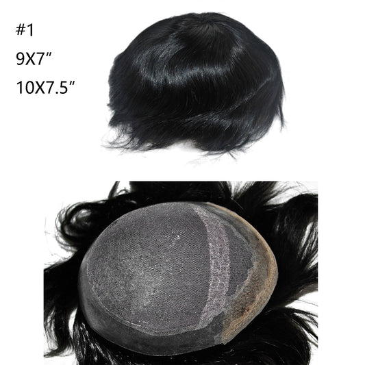 Jet black human hair piece for men French lace with PU around men hair replacement toupee