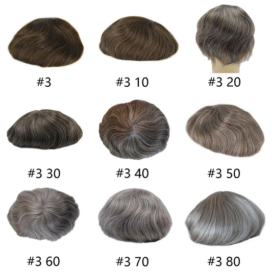 #3 Ash brown color men hair system mixed grey hair toupee wig mixed 10%-80% grey hair pieces for men