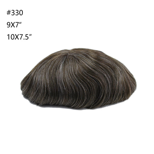 Full PU Thin Skin #330 Human Hair Toupee For Men Replacement Ash Brown Toupee With Grey Hair