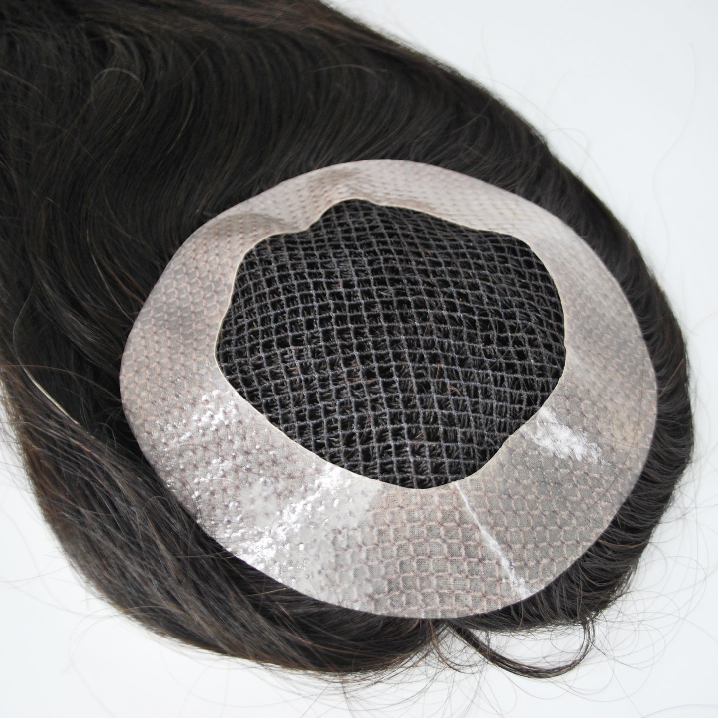 Clearance #1B Natural Black hair system for men 1/4 inch fish net with full poly perimeter 5x4.5" hair system for men