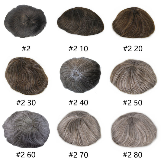 stock men toupee wig dark brown color mixed 10-80% grey color human hair system for men wigs