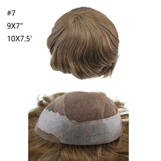 #7 Light brown hair male hairpiece French lace with PU around human hair system prosthesis for men