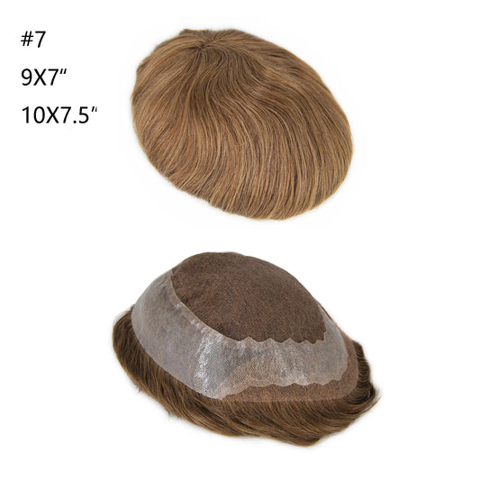 #7 Light brown hair male hairpiece French lace with PU around human hair system prosthesis for men