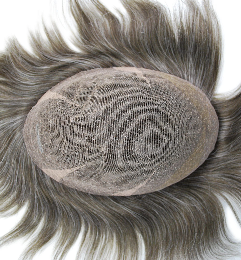 Full PU Thin Skin #330 Human Hair Toupee For Men Replacement Ash Brown Toupee With Grey Hair